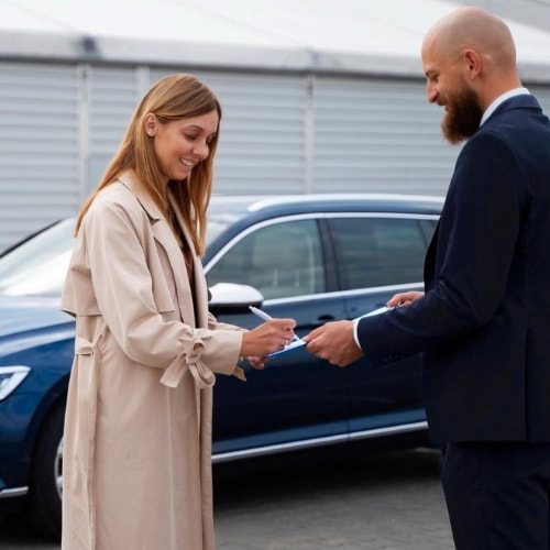 Kvinde skriver under på aftale om billån hos bilforhandler